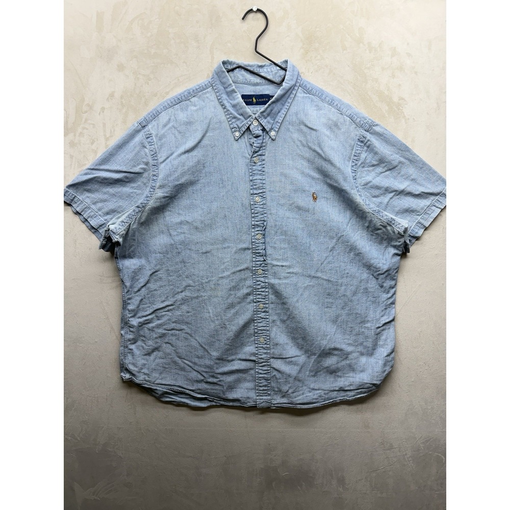 Ralph Lauren Chambray Shirt Mens XXL Blue Short Sleeve Button Down Pony Logo